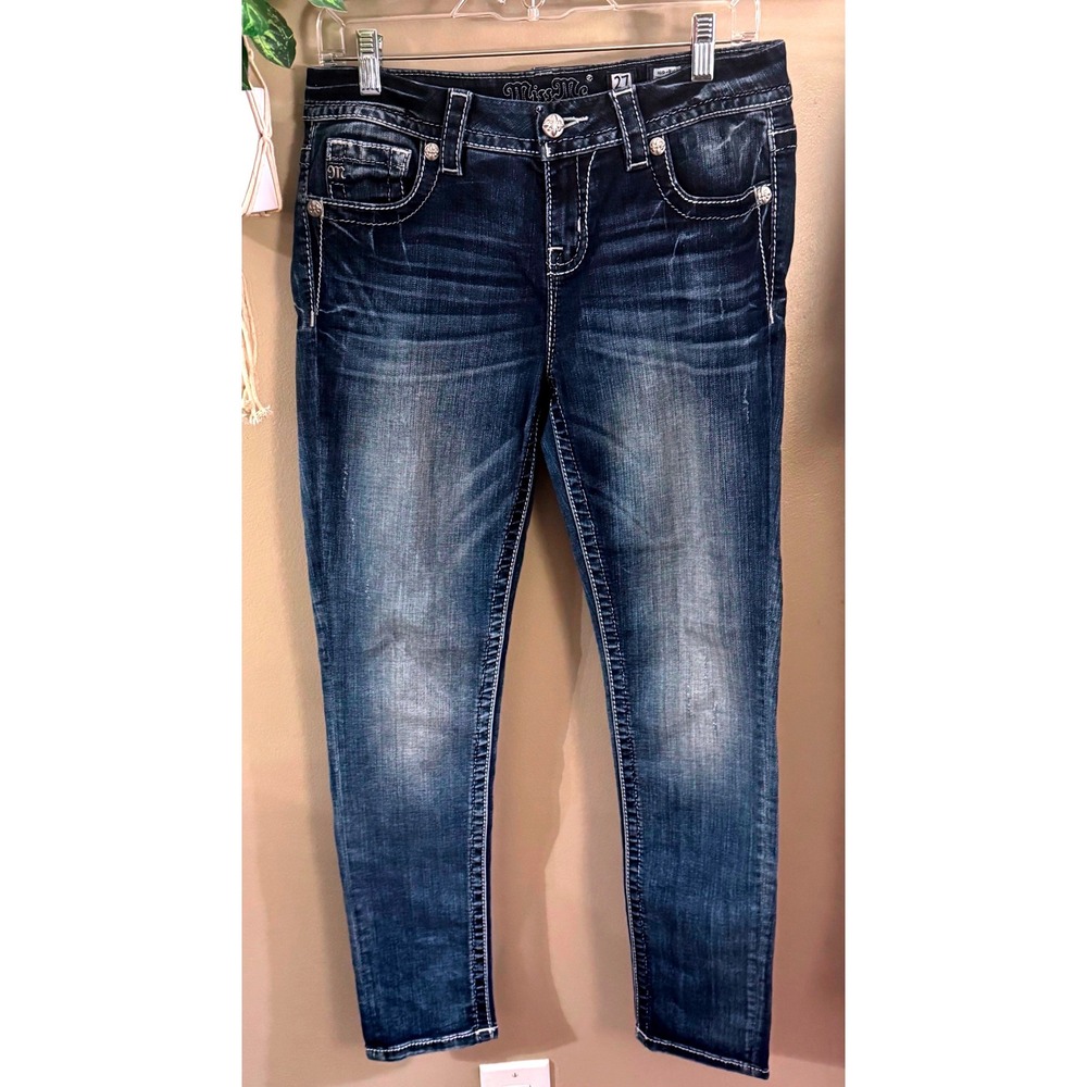 Miss Me Easy Skinny Jeans 27 Dark Wash Angel Wing Embellished Mid Rise ME8891ES2